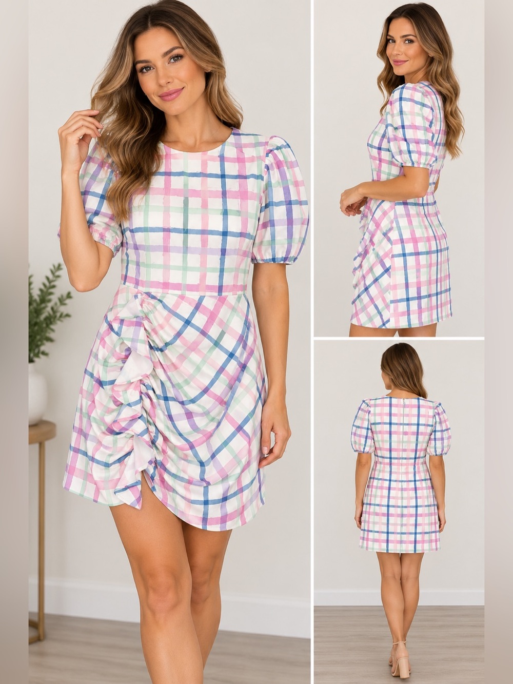 Women's Pastel Plaid Ruffled Dress Medium NWT